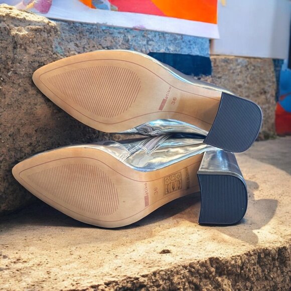 Matiko Silver Mirror Metallic Block Heel Ankle Boots Size 36 US 6 NIB - Picture 5 of 6